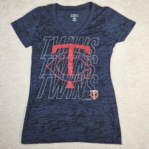 Womens Minnesota Twins MLB Baseball T Shirt Burnout V Neck Glitter Logo Size Med